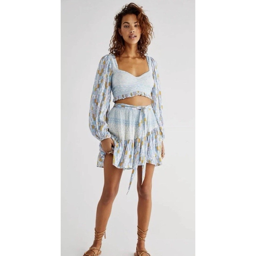 Free People Naomi Printed Puff Sleeve top & Skirt Set XS Light Blue